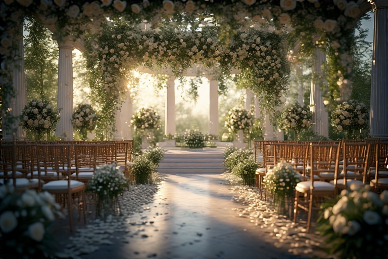 Beautiful outdoor wedding ceremony venue at sunset