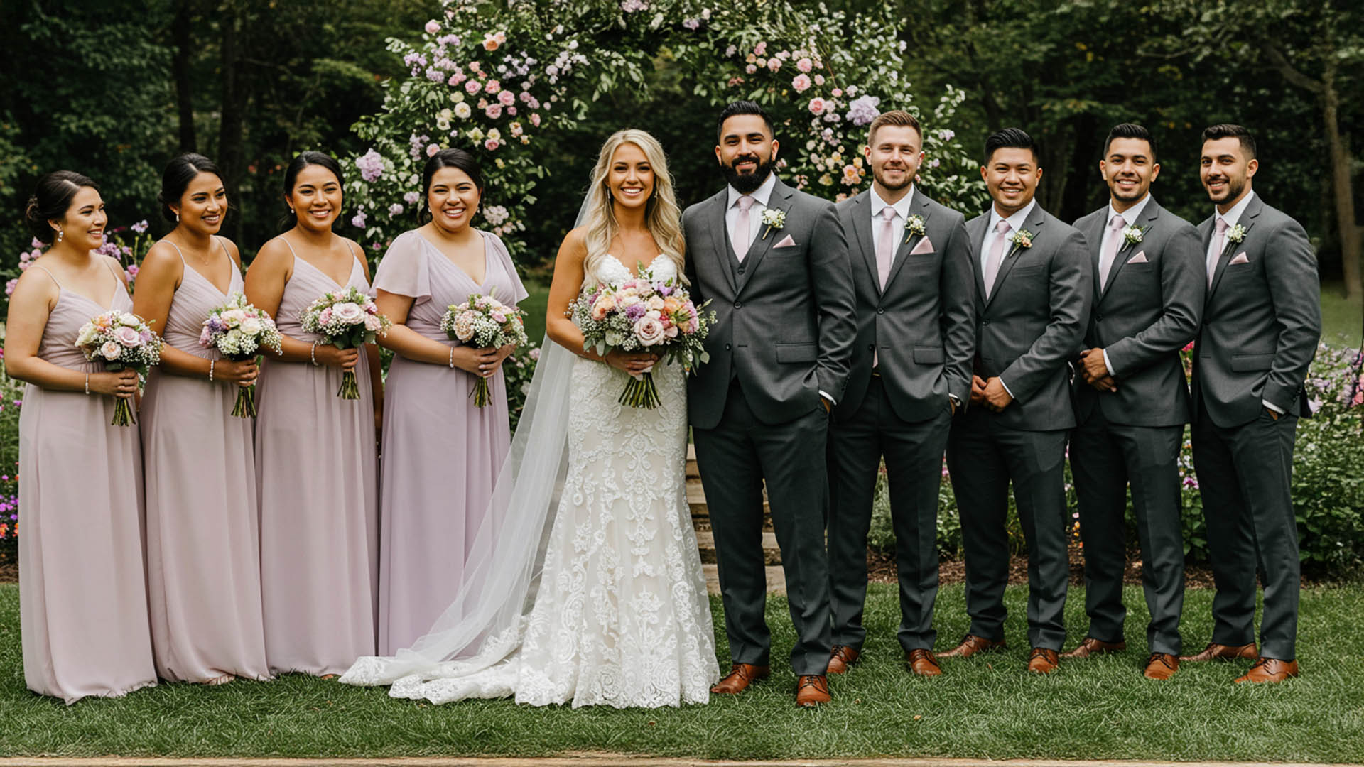 Wedding party group photo with everyone celebrating
